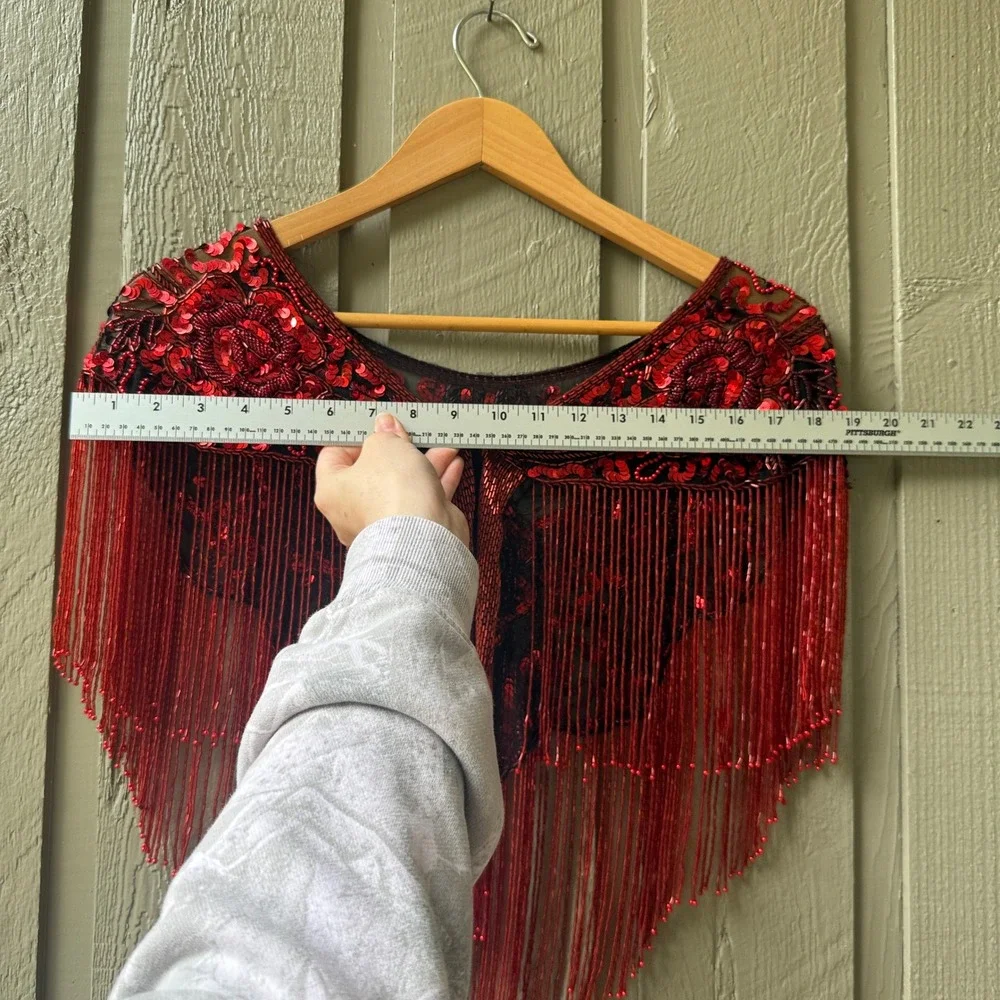 Vintage Beaded Sequin Fringe Capelet Shrug Womens One Size Red Floral Wrap